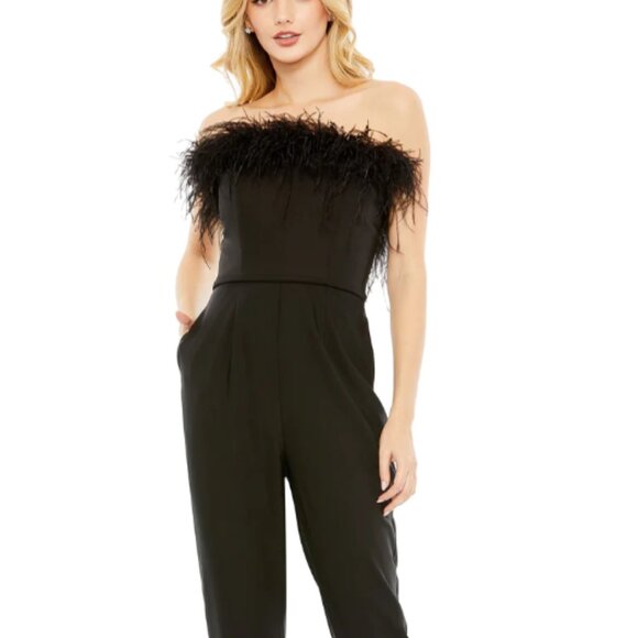 MAC DUGGAL 68146 STRAPLESS WITH FEATHER TRIM BLACK CREPE JUMPSUIT sz 6